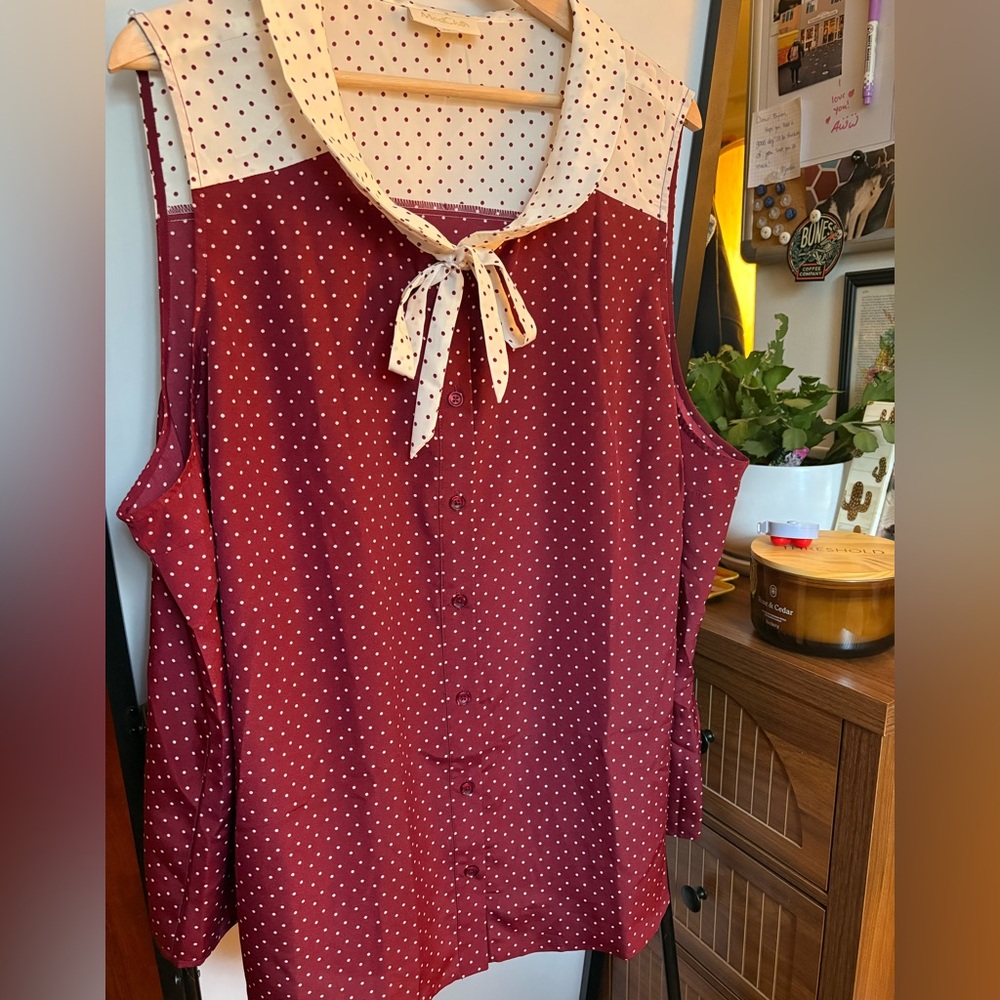 Modcloth Burgundy and Cream Polka Dot Tie-Neck Sleeveless Blouse